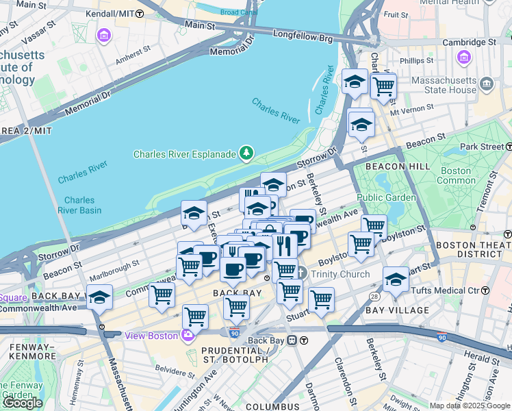 map of restaurants, bars, coffee shops, grocery stores, and more near 232 Beacon Street in Boston