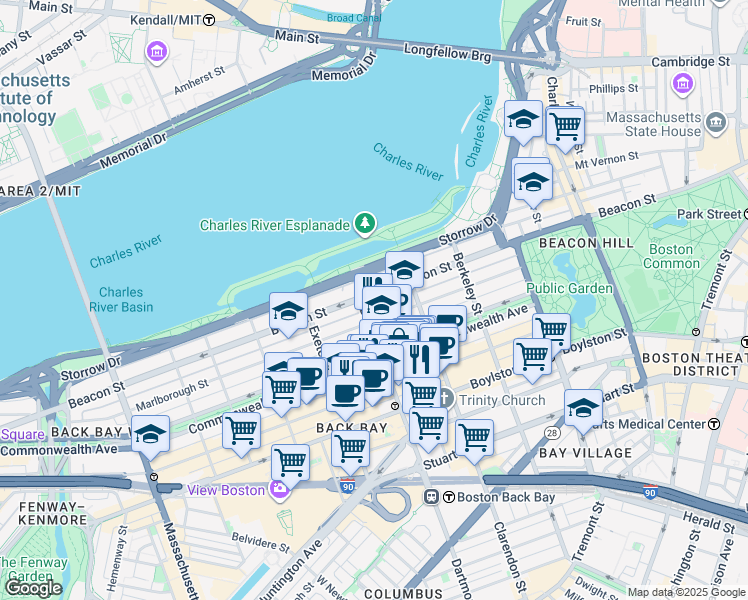map of restaurants, bars, coffee shops, grocery stores, and more near 232 Beacon Street in Boston