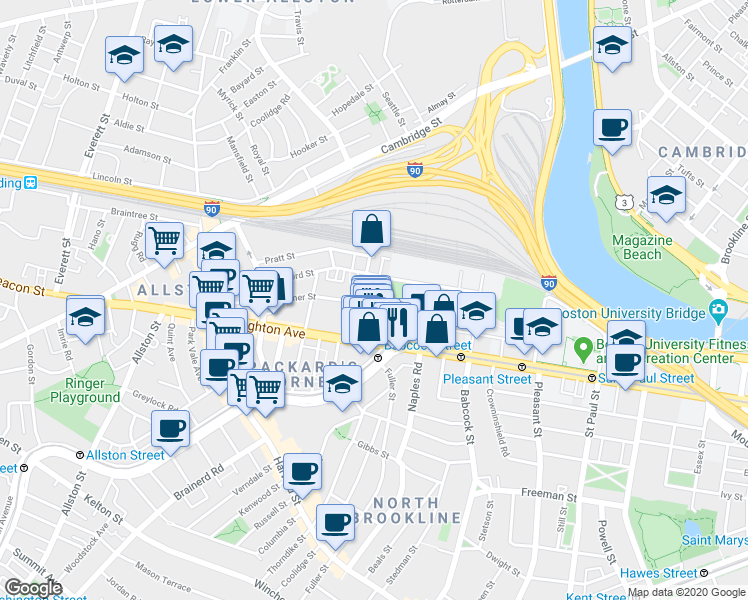 map of restaurants, bars, coffee shops, grocery stores, and more near 69 Ashford Street in Boston