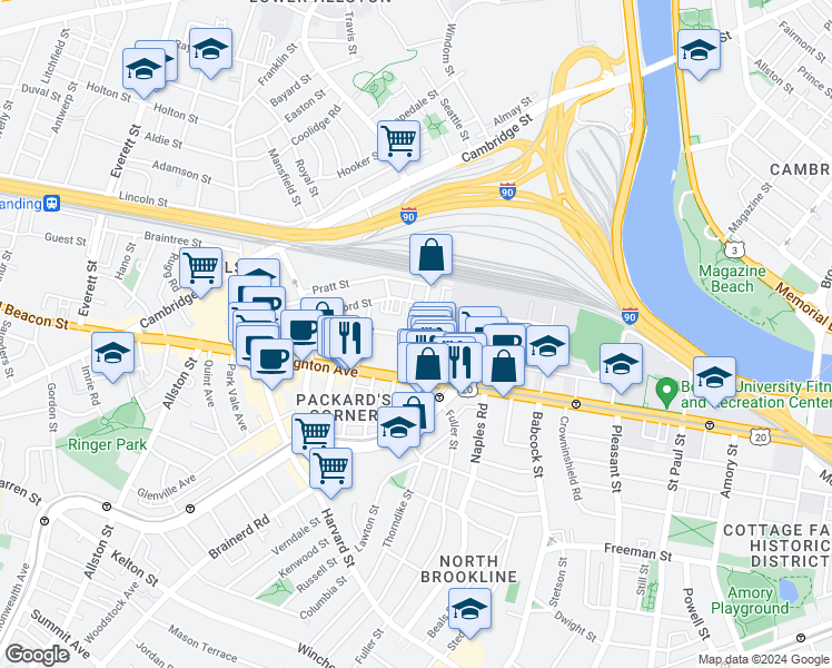 map of restaurants, bars, coffee shops, grocery stores, and more near 69 Ashford Street in Boston