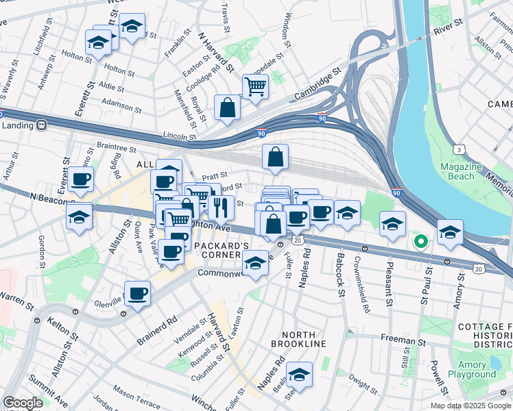 map of restaurants, bars, coffee shops, grocery stores, and more near 72 Gardner Street in Boston