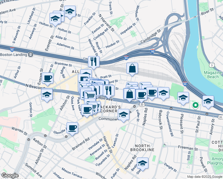 map of restaurants, bars, coffee shops, grocery stores, and more near in Boston
