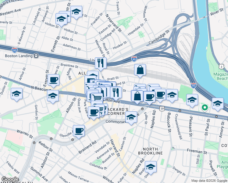 map of restaurants, bars, coffee shops, grocery stores, and more near in Boston