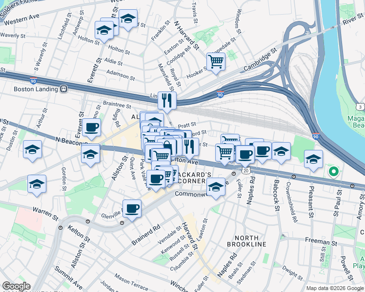map of restaurants, bars, coffee shops, grocery stores, and more near in Boston