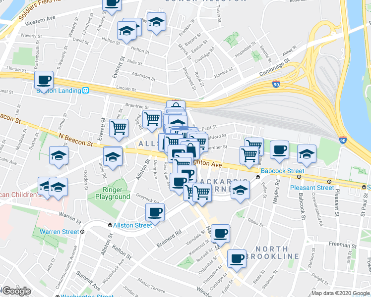 map of restaurants, bars, coffee shops, grocery stores, and more near 9 Farrington Avenue in Boston