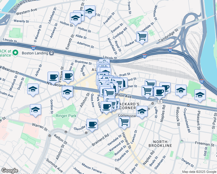 map of restaurants, bars, coffee shops, grocery stores, and more near 9 Farrington Avenue in Boston