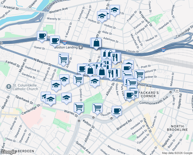 map of restaurants, bars, coffee shops, grocery stores, and more near 5 North Beacon Street in Boston