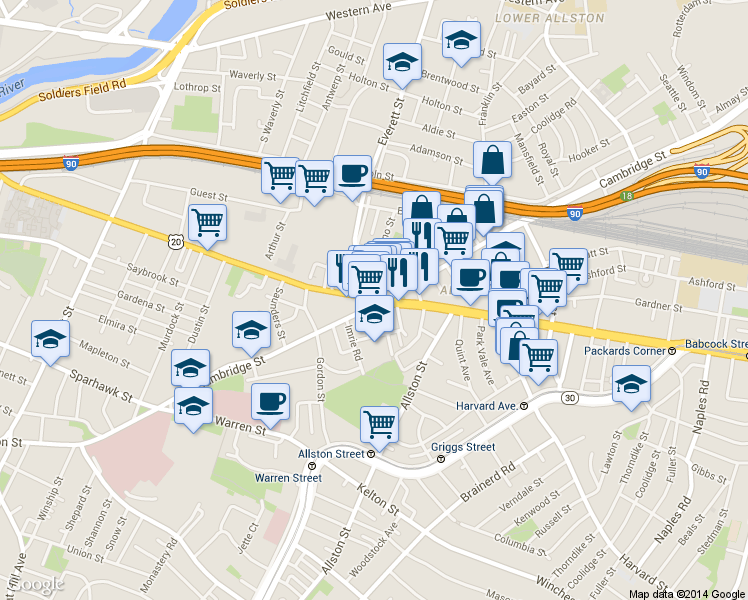 map of restaurants, bars, coffee shops, grocery stores, and more near 5 North Beacon Street in Boston