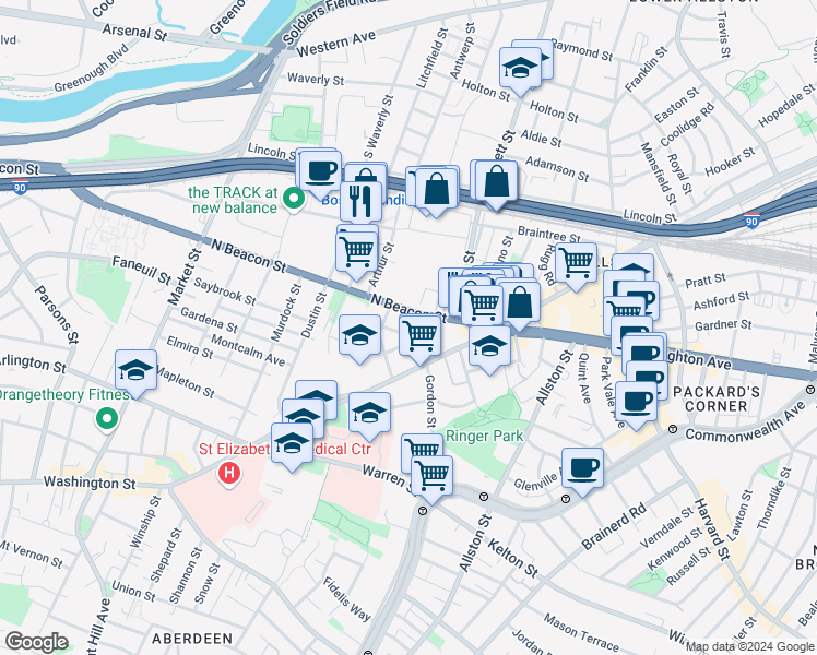 map of restaurants, bars, coffee shops, grocery stores, and more near 61 North Beacon Street in Boston