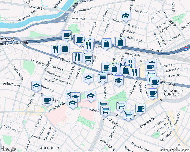 map of restaurants, bars, coffee shops, grocery stores, and more near 68 Saunders Street in Boston