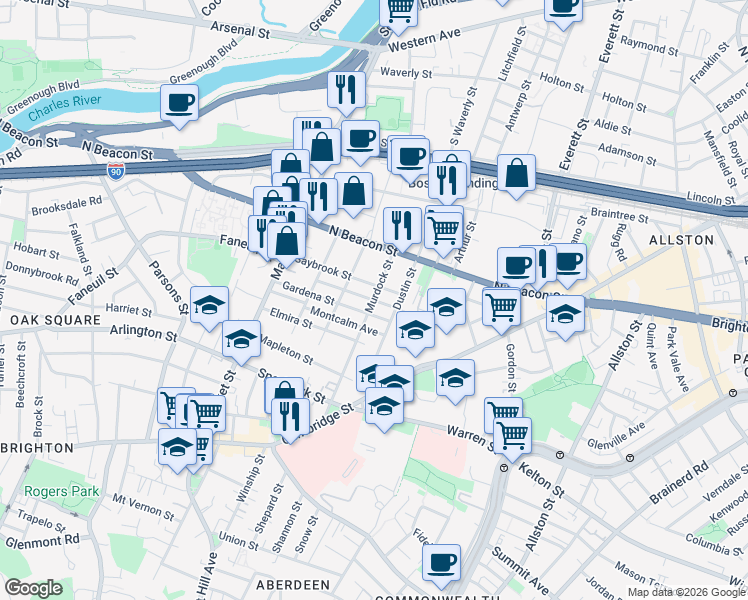 map of restaurants, bars, coffee shops, grocery stores, and more near 55 Saybrook Street in Boston