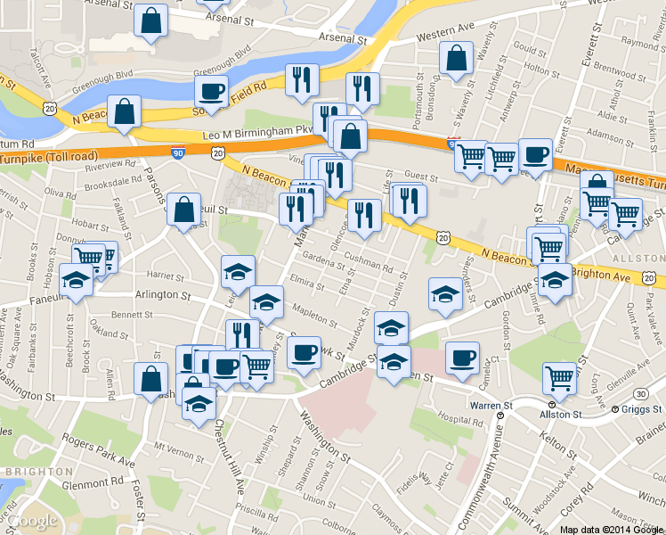 map of restaurants, bars, coffee shops, grocery stores, and more near in Boston