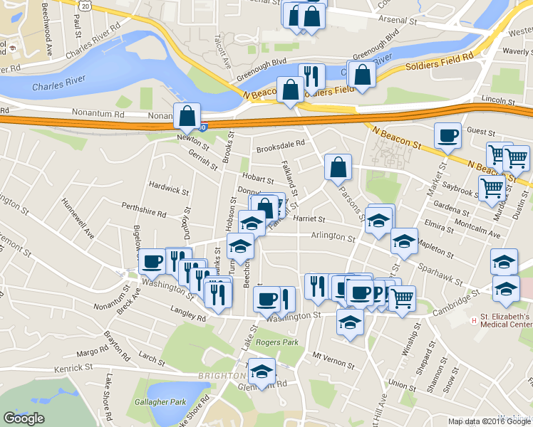 map of restaurants, bars, coffee shops, grocery stores, and more near 17 Newcastle Road in Boston