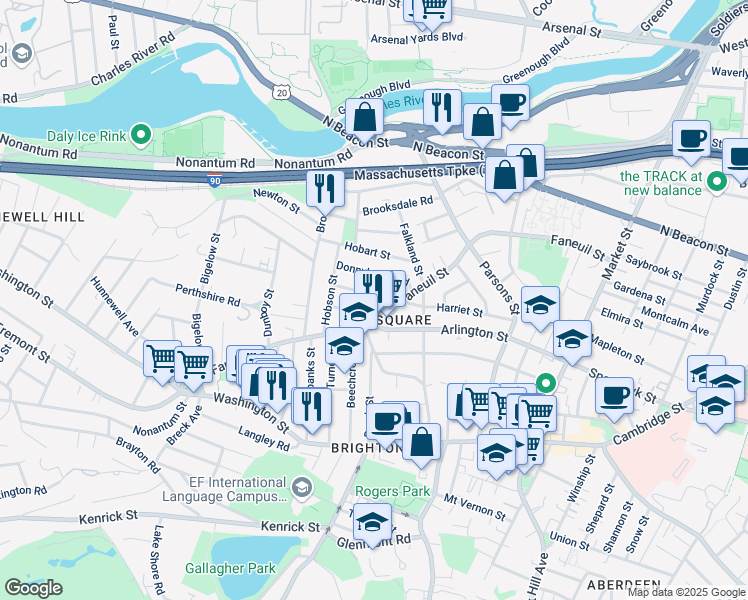 map of restaurants, bars, coffee shops, grocery stores, and more near 17 Newcastle Road in Boston
