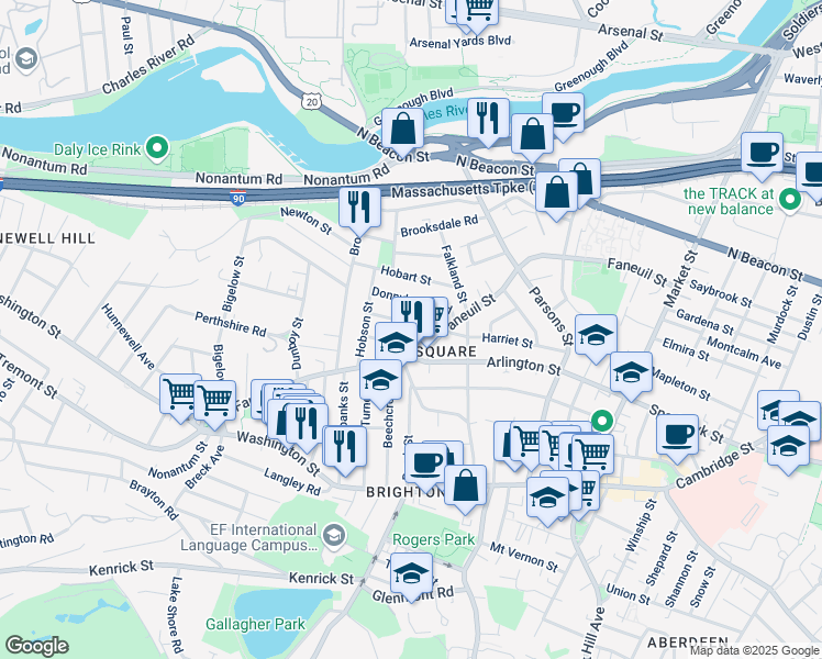 map of restaurants, bars, coffee shops, grocery stores, and more near 17 Newcastle Road in Boston