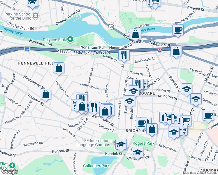 map of restaurants, bars, coffee shops, grocery stores, and more near 61 Dunboy Street in Boston
