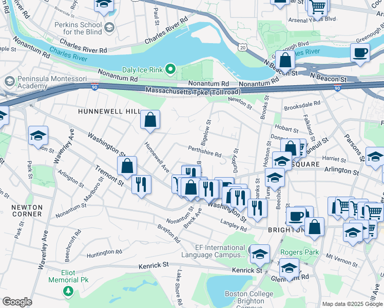 map of restaurants, bars, coffee shops, grocery stores, and more near 82 Perthshire Road in Boston