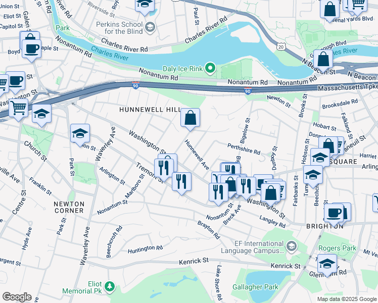 map of restaurants, bars, coffee shops, grocery stores, and more near 82 Hunnewell Avenue in Boston