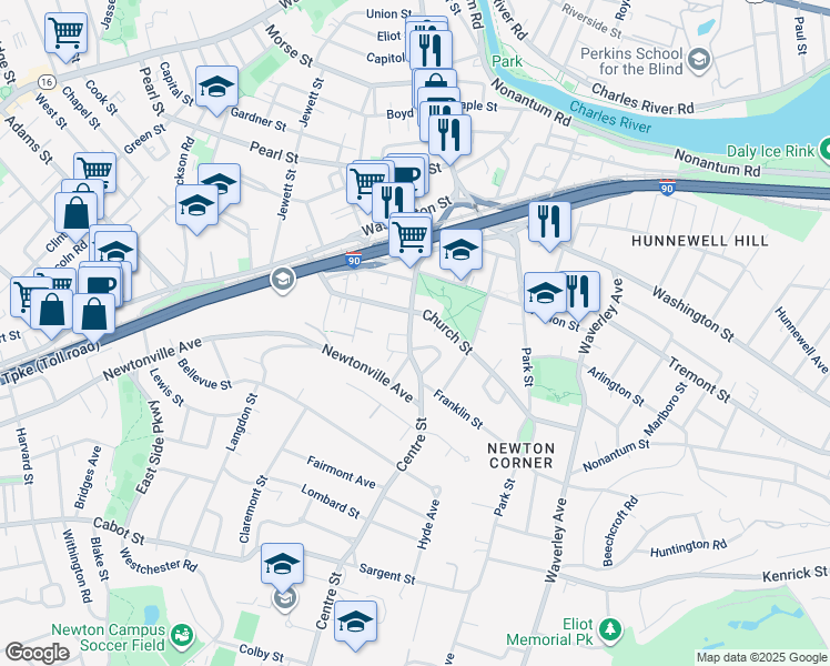 map of restaurants, bars, coffee shops, grocery stores, and more near 176 Church Street in Newton