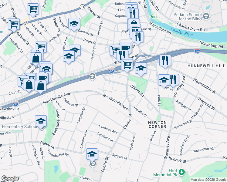 map of restaurants, bars, coffee shops, grocery stores, and more near 14 Maple Avenue in Newton