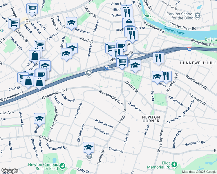map of restaurants, bars, coffee shops, grocery stores, and more near 14 Maple Avenue in Newton