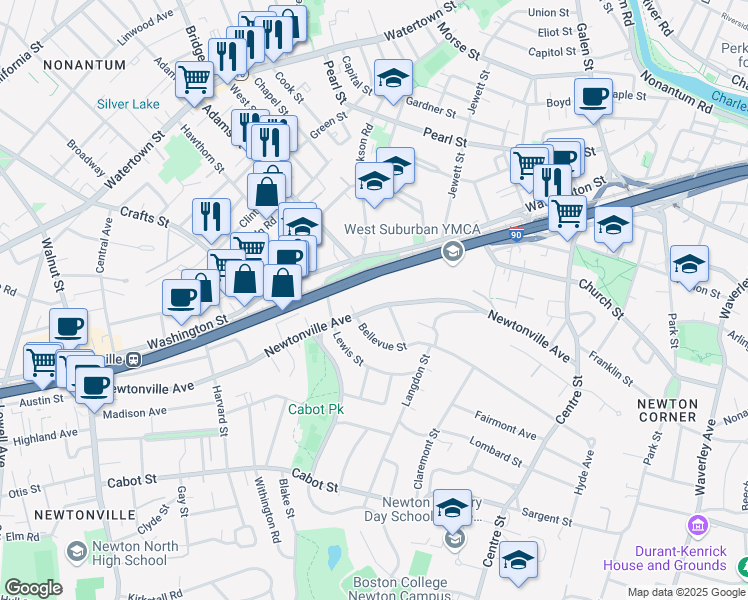 map of restaurants, bars, coffee shops, grocery stores, and more near 185 Newtonville Avenue in Newton