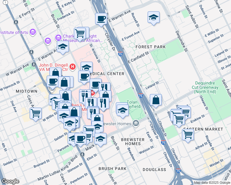 map of restaurants, bars, coffee shops, grocery stores, and more near 4201 Saint Antoine in Detroit