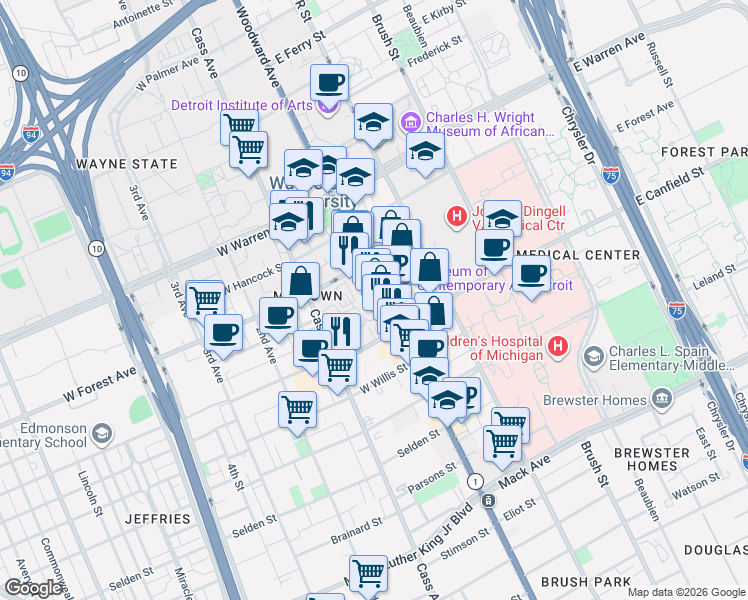 map of restaurants, bars, coffee shops, grocery stores, and more near 2727 2nd Avenue in Detroit