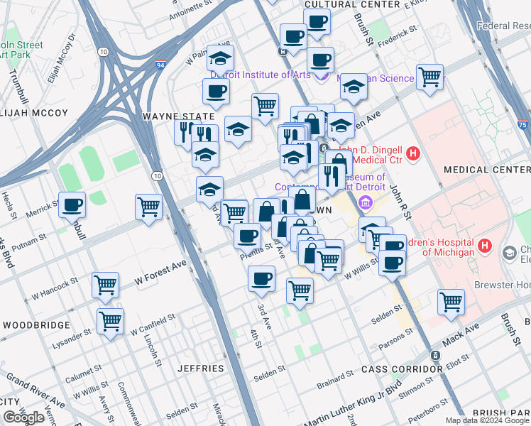 map of restaurants, bars, coffee shops, grocery stores, and more near 619 West Hancock Street in Detroit