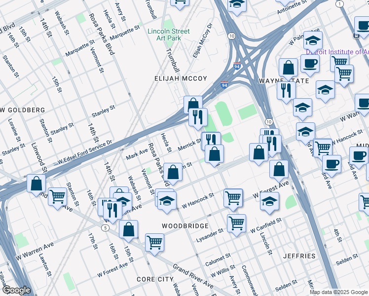 map of restaurants, bars, coffee shops, grocery stores, and more near 5220 Avery Street in Detroit