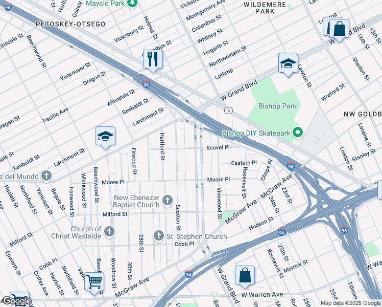 map of restaurants, bars, coffee shops, grocery stores, and more near 1889 West Grand Boulevard in Detroit
