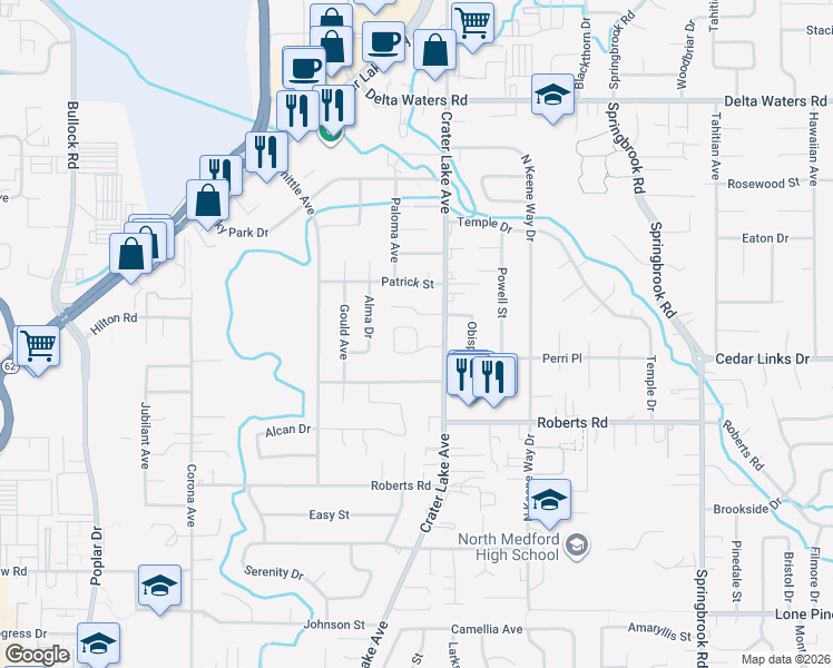 map of restaurants, bars, coffee shops, grocery stores, and more near 1920 Hutchins Circle in Medford