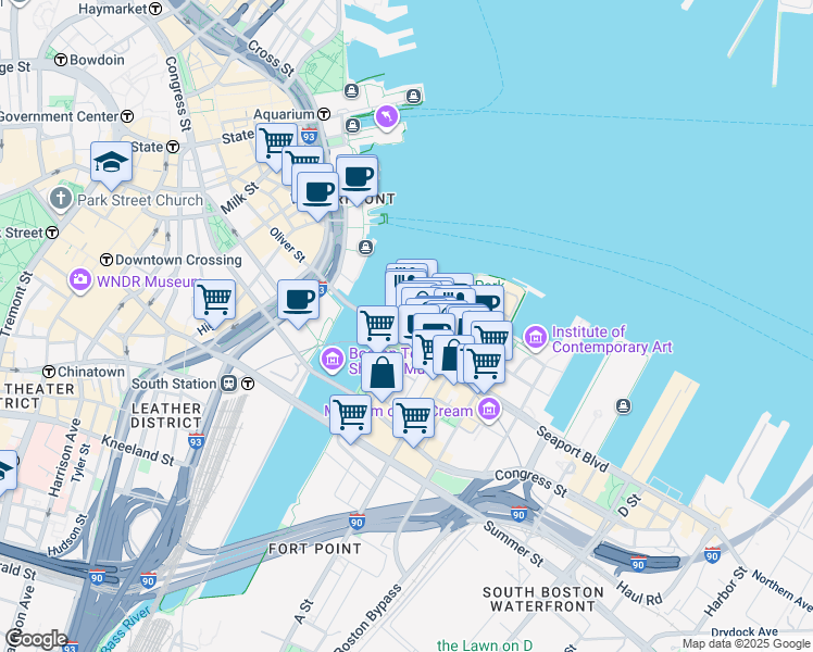 map of restaurants, bars, coffee shops, grocery stores, and more near 66 Sleeper Street in Boston