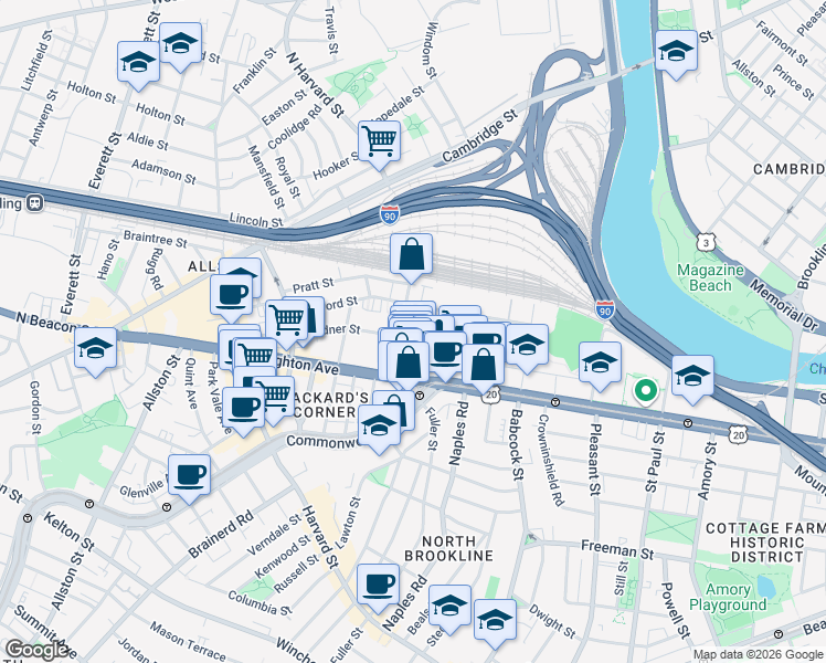 map of restaurants, bars, coffee shops, grocery stores, and more near 90 Gardner Street in Boston
