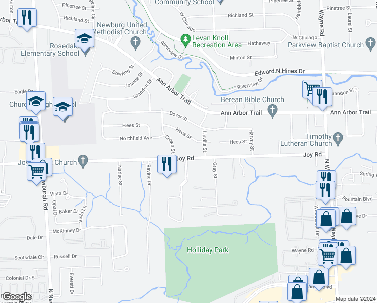 map of restaurants, bars, coffee shops, grocery stores, and more near 35936 Joy Road in Livonia