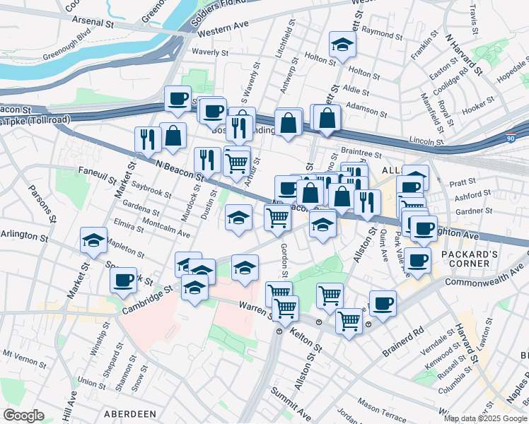 map of restaurants, bars, coffee shops, grocery stores, and more near 68 Saunders Street in Boston