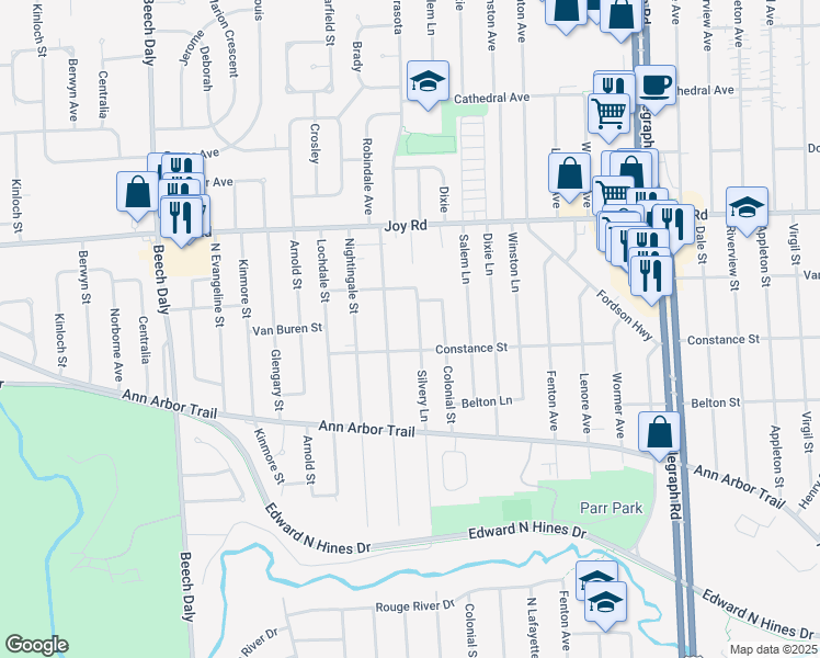 map of restaurants, bars, coffee shops, grocery stores, and more near 8463 Silvery Lane in Dearborn Heights