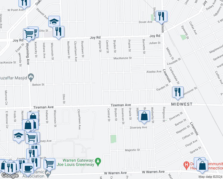 map of restaurants, bars, coffee shops, grocery stores, and more near 8100 Central Avenue in Detroit
