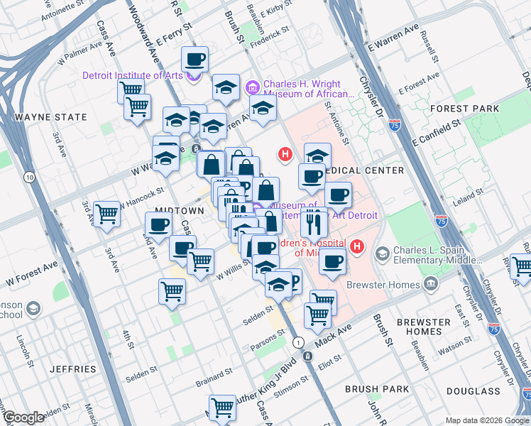 map of restaurants, bars, coffee shops, grocery stores, and more near 4415 John R Street in Detroit