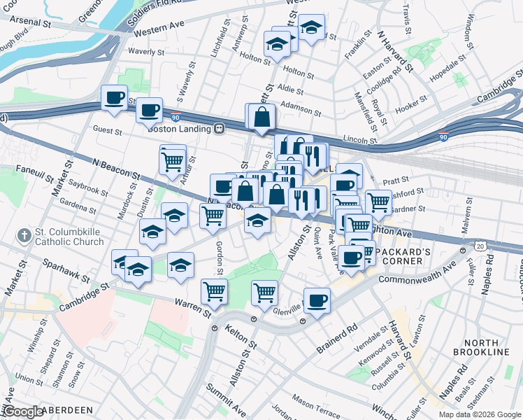 map of restaurants, bars, coffee shops, grocery stores, and more near 5 North Beacon Street in Boston