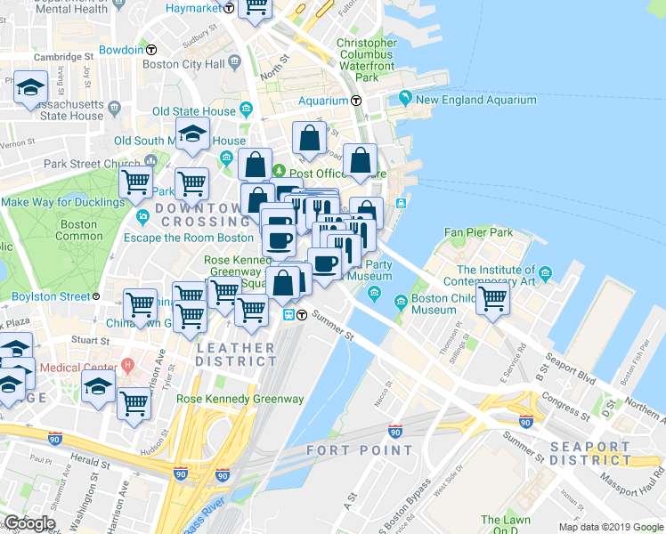 map of restaurants, bars, coffee shops, grocery stores, and more near 540 Atlantic Avenue in Boston