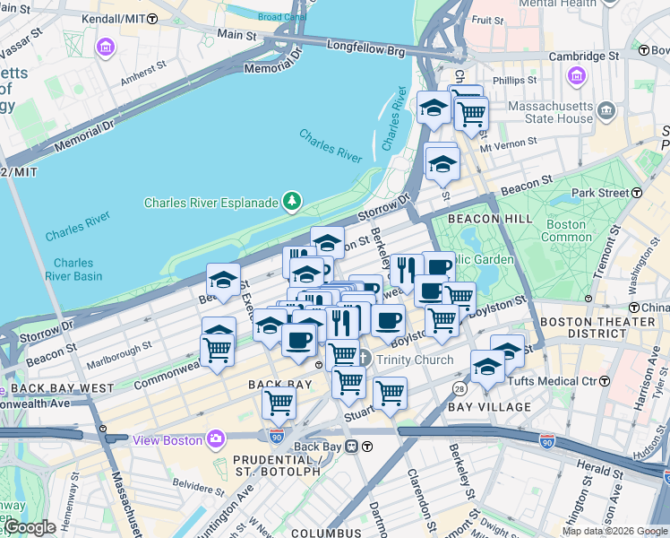 map of restaurants, bars, coffee shops, grocery stores, and more near in Boston