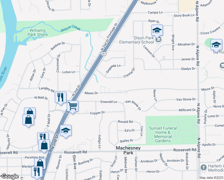 map of restaurants, bars, coffee shops, grocery stores, and more near 1050 Minns Drive in Machesney Park