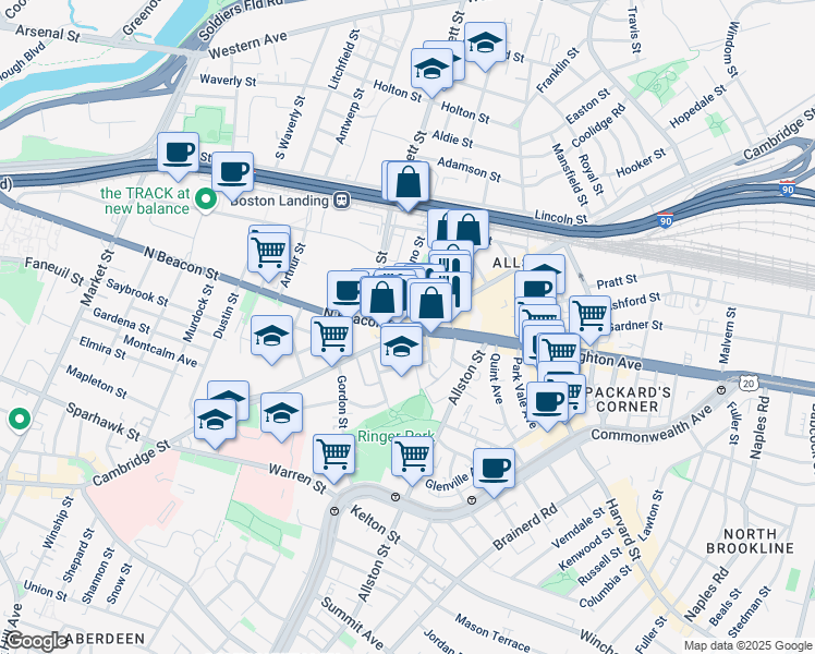 map of restaurants, bars, coffee shops, grocery stores, and more near 26 North Beacon Street in Boston