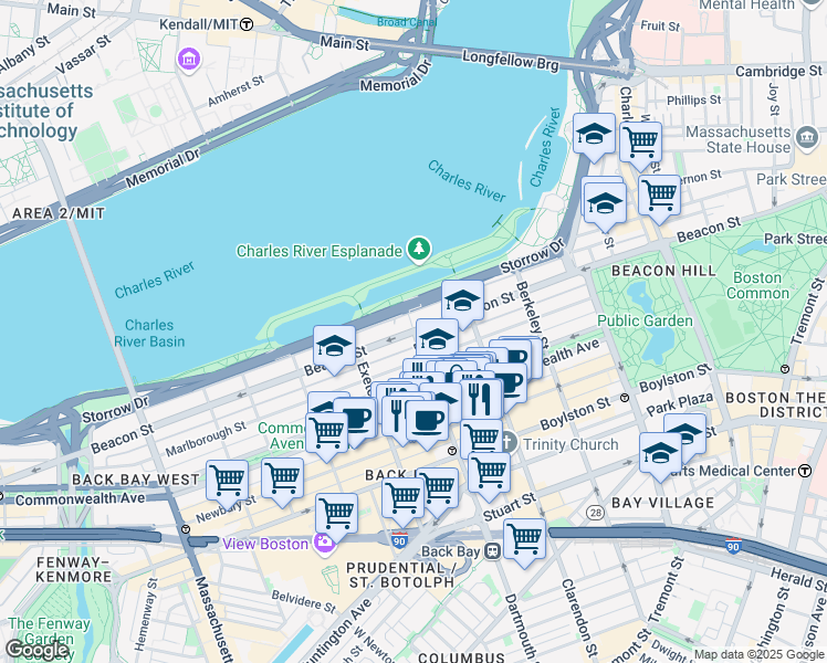 map of restaurants, bars, coffee shops, grocery stores, and more near Beacon St & Dartmouth St in Boston
