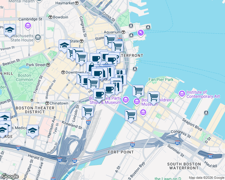 map of restaurants, bars, coffee shops, grocery stores, and more near 137-139 Pearl Street in Boston