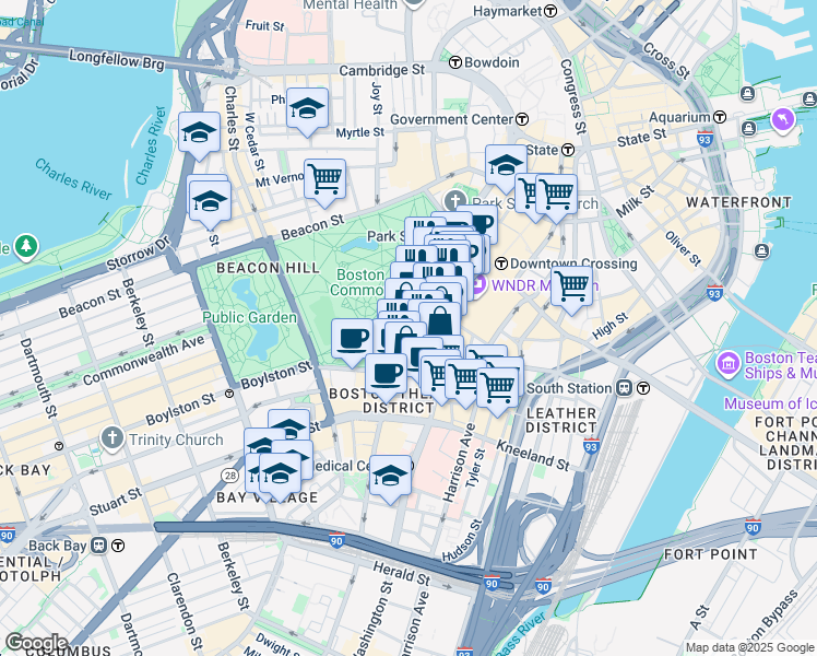 map of restaurants, bars, coffee shops, grocery stores, and more near 170 Tremont Street in Boston