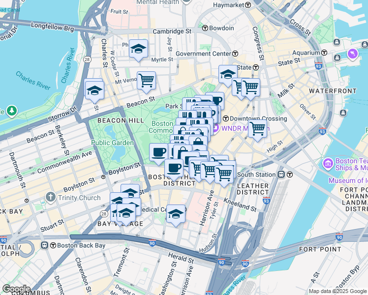 map of restaurants, bars, coffee shops, grocery stores, and more near 170 Tremont Street in Boston