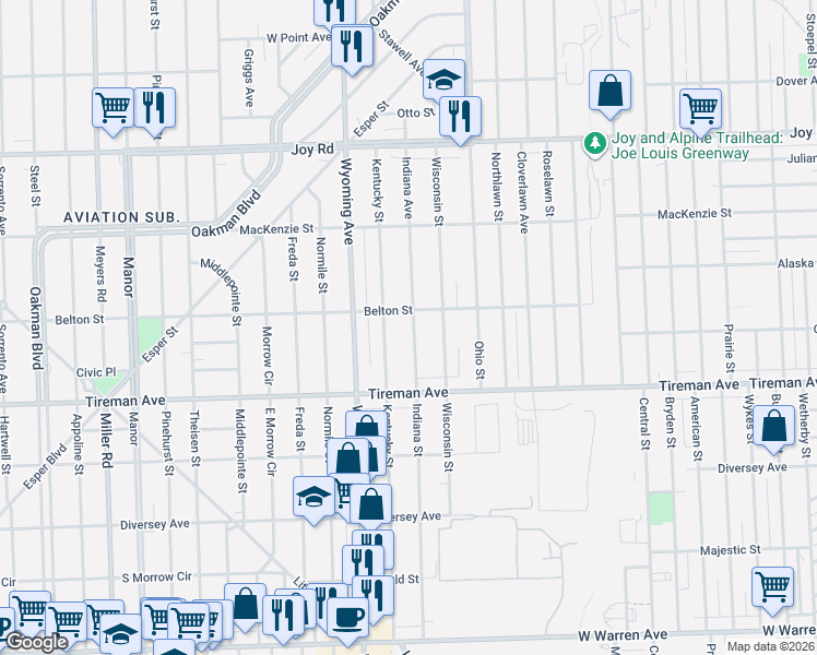 map of restaurants, bars, coffee shops, grocery stores, and more near 8157 Indiana Street in Detroit