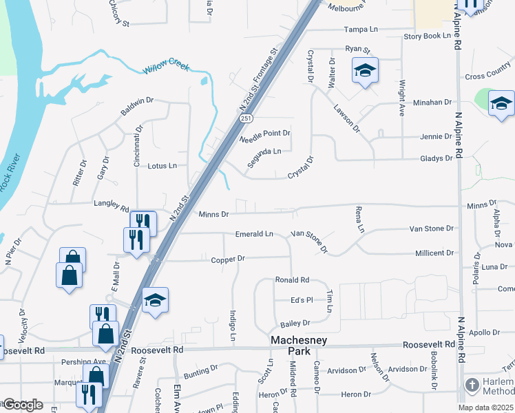 map of restaurants, bars, coffee shops, grocery stores, and more near 1040 Minns Drive in Machesney Park
